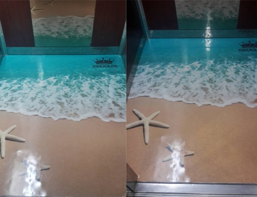 3D flooring – sand, sea stars and ocean waves – in an elevator in hotel “Grenada”